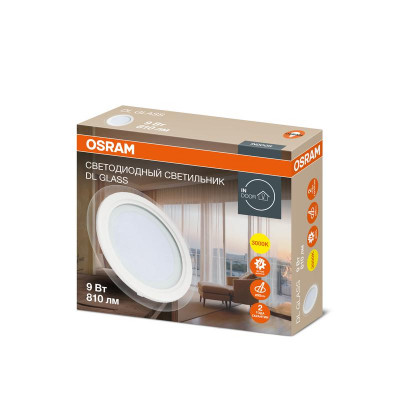Светильник светодиодный Downlight DL GLASS 830 WT 9Вт 3000К IP20 810лм ДВО даунлайт кругл. встраив. с декоративным стеклом бел. OSRAM 4607194230709