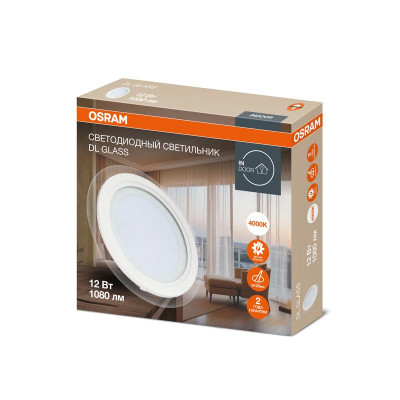 Светильник светодиодный Downlight DL GLASS 840 WT 12Вт 4000К IP20 1080лм ДВО даунлайт кругл. встраив. с декоративным стеклом бел. OSRAM 4607194230730