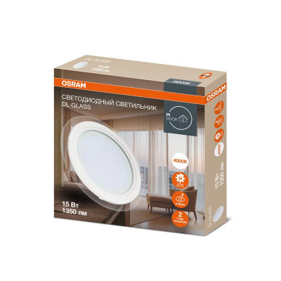 Светильник светодиодный Downlight DL GLASS 840 WT 15Вт 4000К IP20 1350лм ДВО даунлайт кругл. встраив. с декоративным стеклом бел. OSRAM 4607194230754