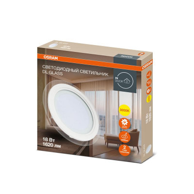Светильник светодиодный Downlight DL GLASS 830 WT 18Вт 3000К IP20 1620лм ДВО даунлайт кругл. встраив. с декор. стеклом бел. OSRAM 4607194230761