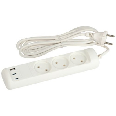 Удлинитель электрический U-3-3m-USB-W 3 розетки + 3xUSB A+C 3м 10А бел. Эра Б0069076