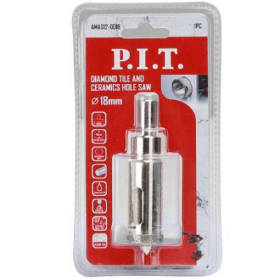 Коронка алмазная по стеклу и керамике 18х40мм хвостовик HEX направляющее сверло сухое/мокрое P.I.T. AMAS12-0018