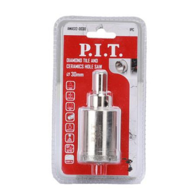 Коронка алмазная по стеклу и керамике 30х40мм хвостовик HEX направляющее сверло сухое/мокрое P.I.T. AMAS12-0030