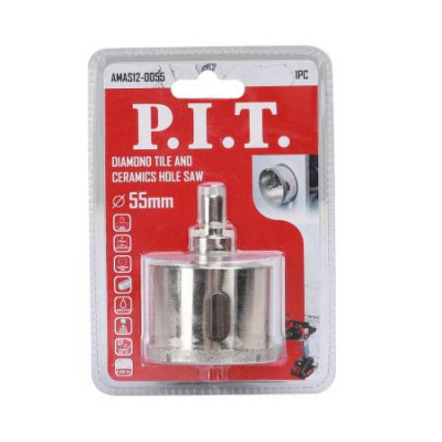 Коронка алмазная по стеклу и керамике 55х40мм хвостовик HEX направляющее сверло сухое/мокрое P.I.T. AMAS12-0055