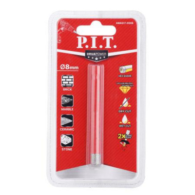 Коронка алмазная по керамограниту 8мм HEX сухое/мокрое сверление вакуумная пайка P.I.T. AMAS17-0008