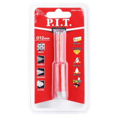 Коронка алмазная по керамограниту 12мм HEX сухое/мокрое сверление вакуумная пайка P.I.T. AMAS17-0012