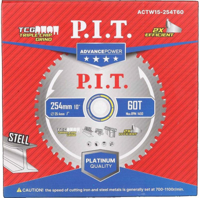 Диск пильный по металлу ADVANCE 254х25.4х1.6мм 60T Carbide зуб TCG 0град. P.I.T. ACTW15-254T60