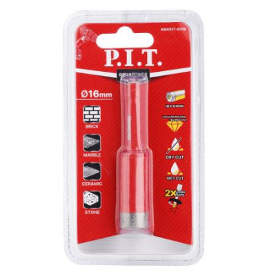 Коронка алмазная по керамограниту 16мм HEX сухое/мокрое сверление вакуумная пайка P.I.T. AMAS17-0016