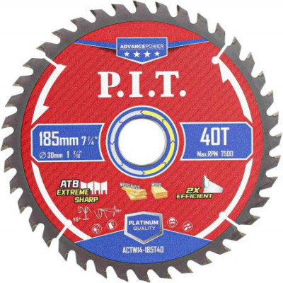 Диск пильный по дереву ADVANCE 185х30х1.4мм 40T Carbide зуб ATB 15град. P.I.T. ACTW14-185T40
