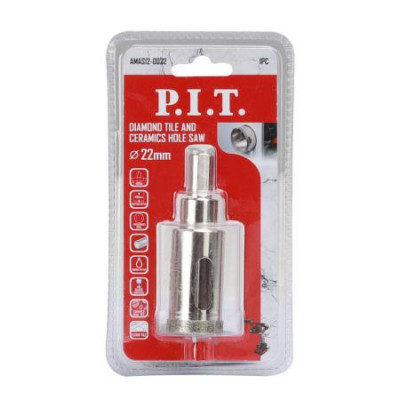 Коронка алмазная по стеклу и керамике 22х40мм хвостовик HEX направляющее сверло сухое/мокрое P.I.T. AMAS12-0022