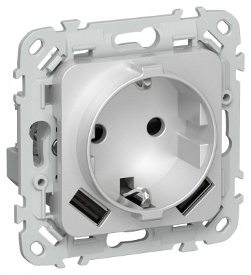 Розетка 1-м СП FLITE РСЮша11-0-ФлА 16А с USB A+A 3.1А с заземл. с защ. шторками механизм алюм. IEK FI-R14-16-U21-D31-K47