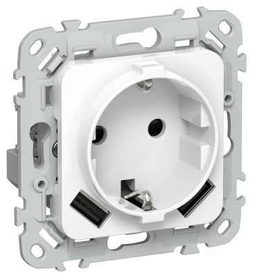 Розетка 1-м СП FLITE РСЮша11-0-ФлБ 16А с USB A+A 3.1А с заземл. с защ. шторками механизм бел. IEK FI-R14-16-U21-D31-K01