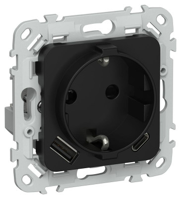 Розетка 1-м СП FLITE РСЮшс11-1-ФлЧ 16А с USB A+C 20Вт с заземл. с защ. шторками безвинтовое крепление механизм черн. IEK FI-R14-16-1-U22-020-K02