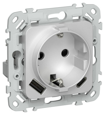 Розетка 1-м СП FLITE РСЮшс11-0-ФлА 16А с USB A+C 20Вт с заземл. с защ. шторками механизм алюм. IEK FI-R14-16-U22-020-K47