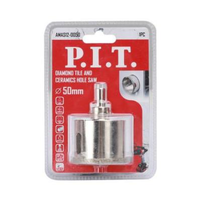Коронка алмазная по стеклу и керамике 50х40мм хвостовик HEX направляющее сверло сухое/мокрое P.I.T. AMAS12-0050