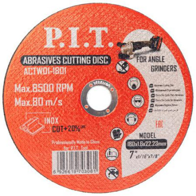 Диск отрезной по металлу 180х22.2х1.6мм (уп.10шт) P.I.T. ACTW01-1801