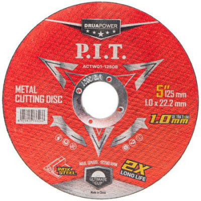 Диск отрезной по металлу и нерж. стали DRUA 125х22.2х1.0мм (метал. бокс) (уп.10шт)P.I.T. ACTW01-1250B