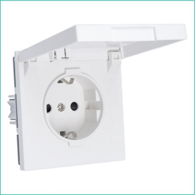 Розетка 1-м СП FD Shuko 16А IP20 с заземл. защ. шторки с крышкой механизм бел. матов. soft touch Jasmart FD5505PWM