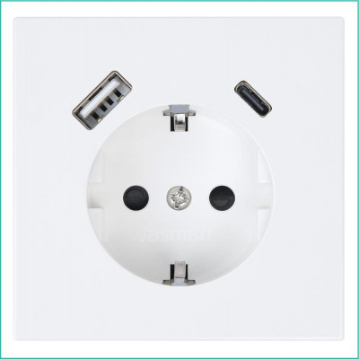 Розетка СП FD Shuko 16А с заземл. защ. шторки с 2-мя заряд. устр. USB тип A+C 25Вт механизм бел. глянцевый Jasmart FD5501USB-25W