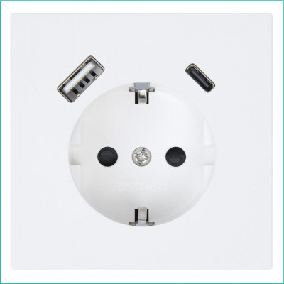 Розетка СП FD Shuko 16А с заземл. защ. шторки с 2-мя заряд. устр. USB тип A+C 25Вт механизм бел. матов. soft touch Jasmart FD5501USB-25PWM