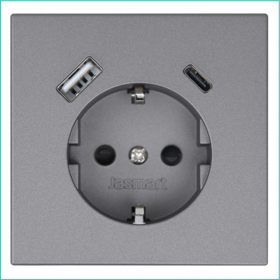 Розетка СП FD Shuko 16А с заземл. защ. шторки с 2-мя заряд. устр. USB тип A+C 25Вт механизм никель Jasmart FD5501USB-25NI
