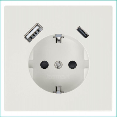 Розетка СП FD Shuko 16А с заземл. защ. шторки с 2-мя заряд. устр. USB тип A+C 25Вт механизм сахара Jasmart FD5501USB-25SH
