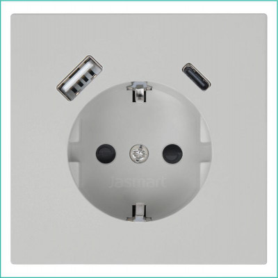 Розетка СП FD Shuko 16А с заземл. защ. шторки с 2-мя заряд. устр. USB тип A+C 25Вт механизм тауп матов. soft touch Jasmart FD5501USB-25PTM