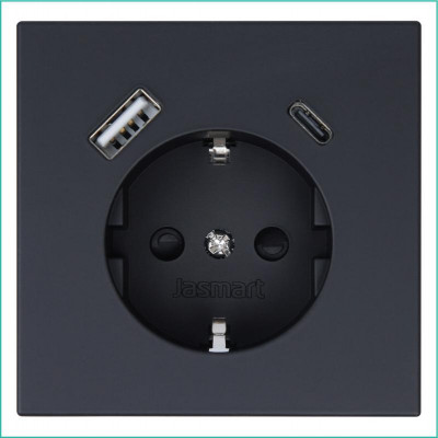 Розетка СП FD Shuko 16А с заземл. защ. шторки с 2-мя заряд. устр. USB тип A+C 25Вт механизм черн. матов. soft touch Jasmart FD5501USB-25PBM