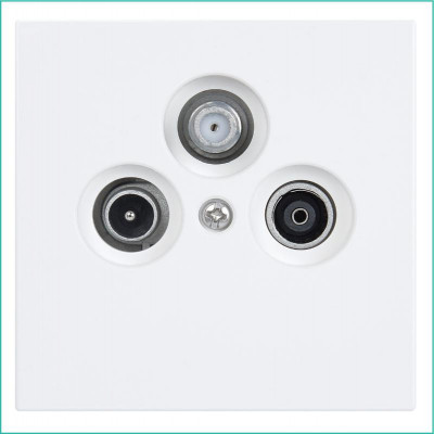 Розетка телевизионная проходная TV + FM + SAT 3-м СП FD Ф9.5мм с накладкой механизм бел. глянцевый Jasmart FD6207W