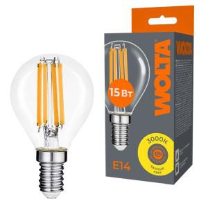 Лампа светодиодная Filament G45 15Вт шар прозрачная 3000К E14 1200лм WOLTA WF-G45-15W3KE14