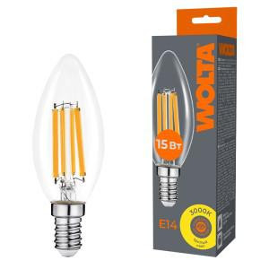 Лампа светодиодная Filament C35 15Вт свеча прозрачная 3000К E14 1200лм WOLTA WF-C35-15W3KE14