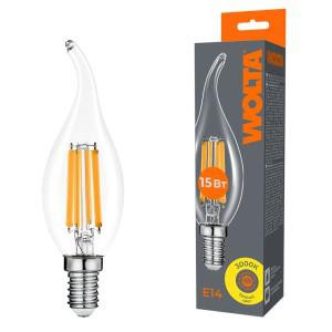 Лампа светодиодная Filament CT35 15Вт свеча на ветру прозрачная 3000К E14 1200лм WOLTA WF-CT35-15W3KE14