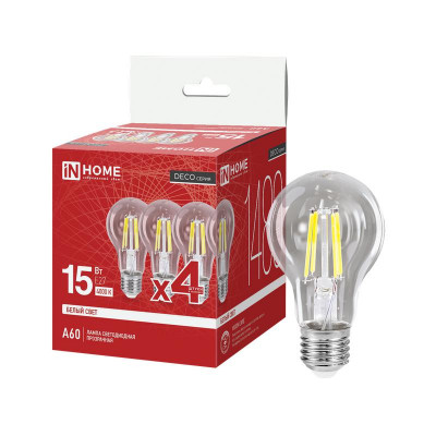 Лампа светодиодная LED-A60-deco 4PACK 15Вт прозрачная 4000К E27 1480лм 230В (уп.4шт) IN HOME 4690612063218