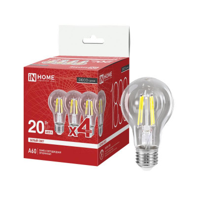 Лампа светодиодная LED-A60-deco 4PACK 20Вт прозрачная 4000К E27 1890лм 230В (уп.4шт) IN HOME 4690612063232
