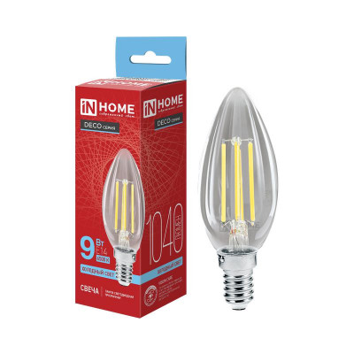 Лампа светодиодная LED-СВЕЧА-deco 9Вт свеча прозрачная 6500К E14 1040лм 230В IN HOME 4690612067056