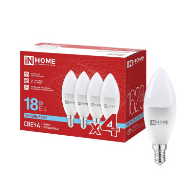 Лампа светодиодная LED-СВЕЧА-VC 4PACK 18Вт свеча 6500К E14 1620лм 230В (уп.4шт) IN HOME 4690612066714