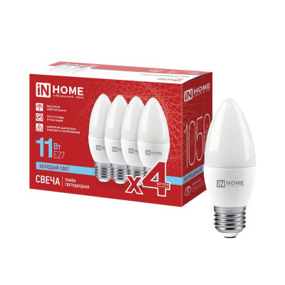 Лампа светодиодная LED-СВЕЧА-VC 4PACK 11Вт свеча 6500К E27 1050лм 230В (уп.4шт) IN HOME 4690612066721