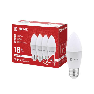 Лампа светодиодная LED-СВЕЧА-VC 4PACK 18Вт свеча 4000К E27 1620лм 230В (уп.4шт) IN HOME 4690612066745