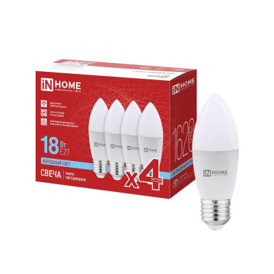 Лампа светодиодная LED-СВЕЧА-VC 4PACK 18Вт свеча 6500К E27 1620лм 230В (уп.4шт) IN HOME 4690612066752