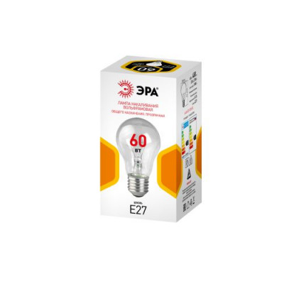 Лампа накаливания A-60-E27-230-CL 60Вт грушевидная прозрачная E27 230В (цветн. коробка) Эра Б0071110