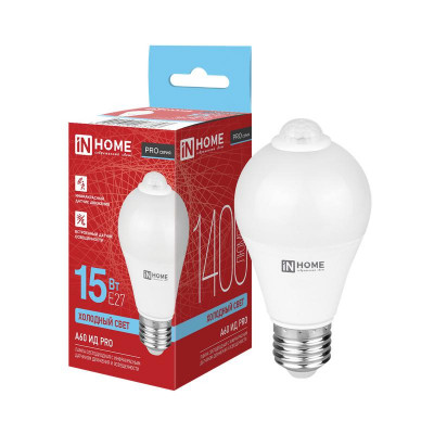 Лампа светодиодная LED-A60 ИД-PRO 15Вт 6500К E27 1400лм 230В 5м 35сек с инфракрасным датчиком и датчиком освещенности IN HOME 4690612067803