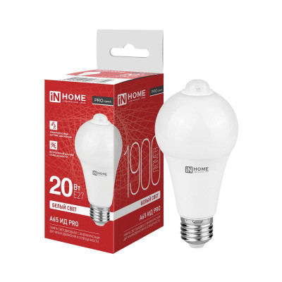 Лампа светодиодная LED-A65 ИД-PRO 20Вт 4000К E27 1900лм 230В 5м 35сек с инфракрасным датчиком и датчиком освещенности IN HOME 4690612067810