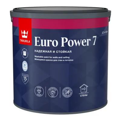 Краска для стен и потолков Tikkurila Euro Power 7 моющаяся матовая цвет белый база А 2.7 л