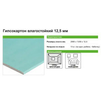 Гипсокартон влагостойкий 12.5 мм 2500x1200 мм 3 м²