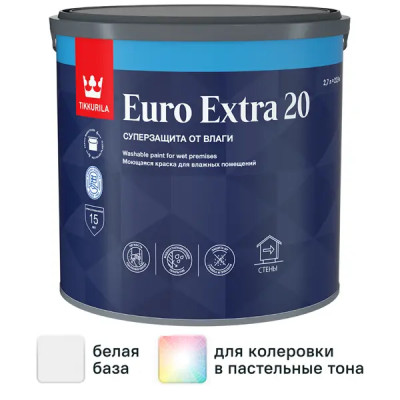 Краска для стен и потолков Tikkurila Euro Extra матовая цвет белый база А 2.7 л