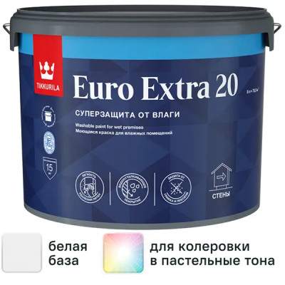 Краска для стен и потолков Tikkurila Euro Extra матовая цвет белый база А 9 л