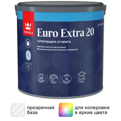 Краска для стен и потолков Tikkurila Euro-20 матовая прозрачная база С 2.7 л