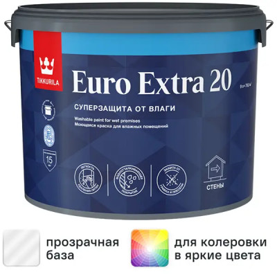 Краска для стен и потолков Tikkurila Euro Extra матовая прозрачная база С 9 л