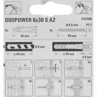 Дюбель с нержавеющим шурупом Duopower 6х30 мм, нейлон, 4 шт.