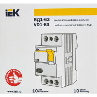 УЗО IEK ВД1-63 2P 63 А 30 мА 4.5 кА AC MDV10-2-063-030